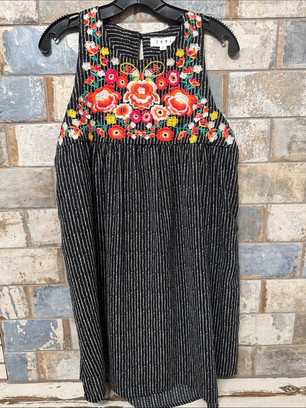 THML Black Pinafore Mini Dress with Multicolor Floral Embroidery - Picture 3 of 4